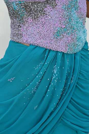 Shop Vrinda Soni Blue Tulle, Satin, Georgette Sequins, The Mineral Pre-draped Saree Skirt Set Online at Aza Fashions Shop_Vrinda Soni_Blue Tulle, Satin, Georgette Sequins, The Mineral Pre-draped Saree Skirt Set _Online_at_Aza_Fashions