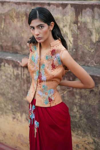 Vrinda Soni Gold Satin, Crepe Mandarin Collar The Element Jacket And Skirt Set Online at Aza Fashions Vrinda Soni_Gold Satin, Crepe Mandarin Collar The Element Jacket And Skirt Set _Online_at_Aza_Fashions