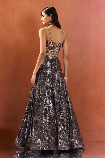 Samyukta Singhania Black Lycra, Net Sweetheart Neck Sequin Embroidered Lehenga Set Online at Aza Fashions Samyukta Singhania_Black Lycra, Net Sweetheart Neck Sequin Embroidered Lehenga Set _Online_at_Aza_Fashions