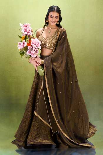 Shop_Samyukta Singhania_Brown Jacquard V-neck Abstract Woven Lehenga Set 
