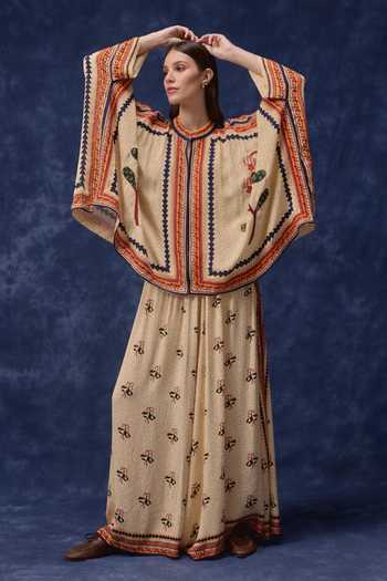 Verb By Pallavi Singhee Beige Georgette Round Neck Floral Print Cape And Skirt Set at Aza Fashions Verb By Pallavi Singhee_Beige Georgette Round Neck Floral Print Cape And Skirt Set _at_Aza_Fashions