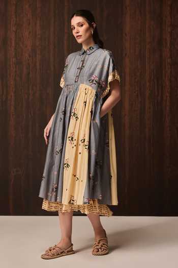 Verb By Pallavi Singhee Blue Cotton, Chanderi Collared Neck Floral Print Midi Dress Online at Aza Fashions Verb By Pallavi Singhee_Blue Cotton, Chanderi Collared Neck Floral Print Midi Dress _Online_at_Aza_Fashions