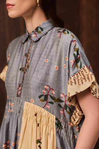 Buy Verb By Pallavi Singhee Blue Cotton, Chanderi Collared Neck Floral Print Midi Dress Online at Aza Fashions Buy_Verb By Pallavi Singhee_Blue Cotton, Chanderi Collared Neck Floral Print Midi Dress _Online_at_Aza_Fashions