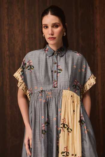 Shop Verb By Pallavi Singhee Blue Cotton, Chanderi Collared Neck Floral Print Midi Dress Online at Aza Fashions Shop_Verb By Pallavi Singhee_Blue Cotton, Chanderi Collared Neck Floral Print Midi Dress _Online_at_Aza_Fashions