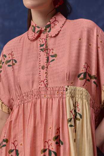 Verb By Pallavi Singhee Pink Cotton, Chanderi Collared Neck Hand-painted Print Dress Online at Aza Fashions Verb By Pallavi Singhee_Pink Cotton, Chanderi Collared Neck Hand-painted Print Dress _Online_at_Aza_Fashions