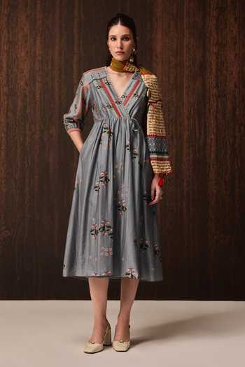Verb By Pallavi Singhee Blue Cotton, Chanderi V-neck Floral Print Wrap Dress Online at Aza Fashions Verb By Pallavi Singhee_Blue Cotton, Chanderi V-neck Floral Print Wrap Dress _Online_at_Aza_Fashions