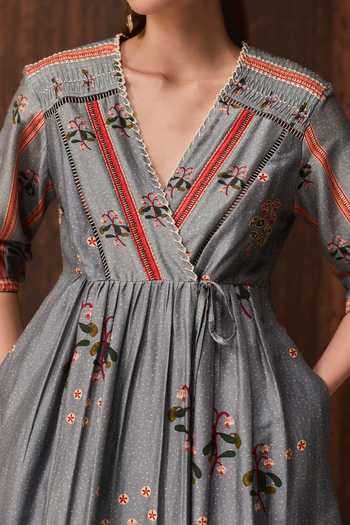 Buy Verb By Pallavi Singhee Blue Cotton, Chanderi V-neck Floral Print Wrap Dress Online at Aza Fashions Buy_Verb By Pallavi Singhee_Blue Cotton, Chanderi V-neck Floral Print Wrap Dress _Online_at_Aza_Fashions