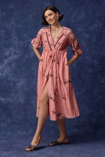 Verb By Pallavi Singhee Pink Cotton, Chanderi V-neck Embroidered Wrap Dress Online at Aza Fashions Verb By Pallavi Singhee_Pink Cotton, Chanderi V-neck Embroidered Wrap Dress _Online_at_Aza_Fashions