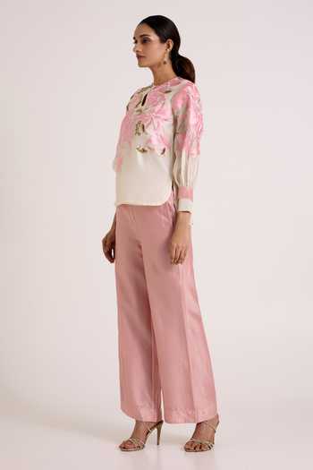 Madder Much Ivory Silk, Cotton, Chanderi Keyhole Neck Blooming Sleeve Shirt And Pant Set Online at Aza Fashions Madder Much_Ivory Silk, Cotton, Chanderi Keyhole Neck Blooming Sleeve Shirt And Pant Set _Online_at_Aza_Fashions