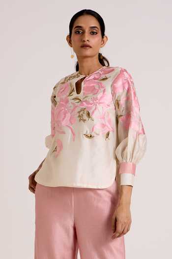 Shop Madder Much Ivory Silk, Cotton, Chanderi Keyhole Neck Blooming Sleeve Shirt And Pant Set Online at Aza Fashions Shop_Madder Much_Ivory Silk, Cotton, Chanderi Keyhole Neck Blooming Sleeve Shirt And Pant Set _Online_at_Aza_Fashions