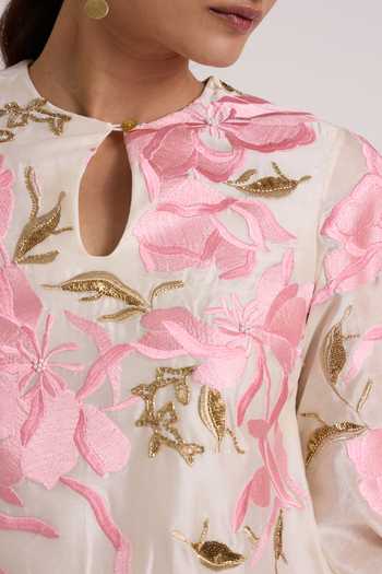 Buy Madder Much Ivory Silk, Cotton, Chanderi Keyhole Neck Blooming Sleeve Shirt And Pant Set Buy_Madder Much_Ivory Silk, Cotton, Chanderi Keyhole Neck Blooming Sleeve Shirt And Pant Set