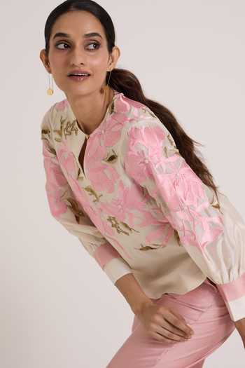 Shop Madder Much Ivory Silk, Cotton, Chanderi Keyhole Neck Blooming Sleeve Shirt And Pant Set Shop_Madder Much_Ivory Silk, Cotton, Chanderi Keyhole Neck Blooming Sleeve Shirt And Pant Set