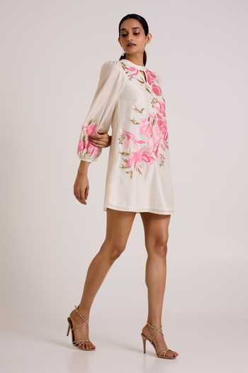 Madder Much Ivory Chanderi Silk Keyhole Neck Nidam In Bloom Short Dress Online at Aza Fashions Madder Much_Ivory Chanderi Silk Keyhole Neck Nidam In Bloom Short Dress _Online_at_Aza_Fashions