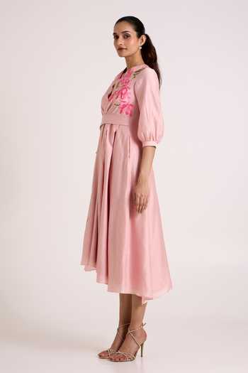 Madder Much Pink Chanderi Silk V-neck Ice Mezlyn Pinched Waist Dress Online at Aza Fashions Madder Much_Pink Chanderi Silk V-neck Ice Mezlyn Pinched Waist Dress _Online_at_Aza_Fashions