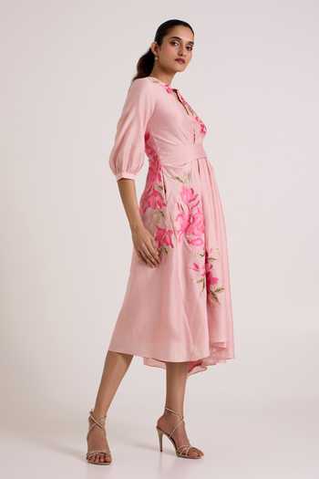 Buy Madder Much Pink Chanderi Silk V-neck Ice Mezlyn Pinched Waist Dress Online at Aza Fashions Buy_Madder Much_Pink Chanderi Silk V-neck Ice Mezlyn Pinched Waist Dress _Online_at_Aza_Fashions