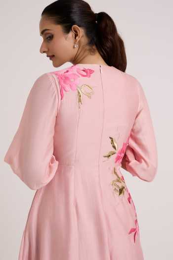 Shop Madder Much Pink Chanderi Silk V-neck Ice Mezlyn Pinched Waist Dress Online at Aza Fashions Shop_Madder Much_Pink Chanderi Silk V-neck Ice Mezlyn Pinched Waist Dress _Online_at_Aza_Fashions