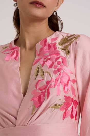 Madder Much Pink Chanderi Silk V-neck Ice Mezlyn Pinched Waist Dress at Aza Fashions Madder Much_Pink Chanderi Silk V-neck Ice Mezlyn Pinched Waist Dress _at_Aza_Fashions