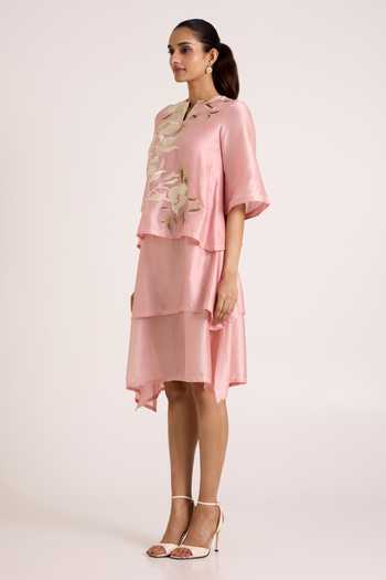 Madder Much Pink Chanderi Silk Split V-neck Terraced Short Dress Online at Aza Fashions Madder Much_Pink Chanderi Silk Split V-neck Terraced Short Dress _Online_at_Aza_Fashions