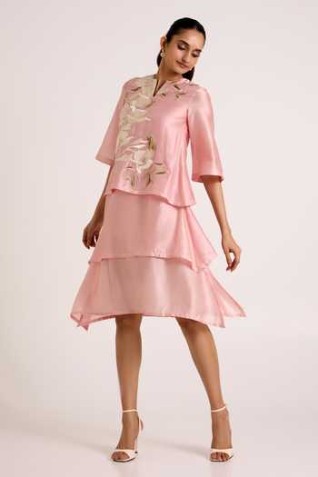 Buy Madder Much Pink Chanderi Silk Split V-neck Terraced Short Dress Online at Aza Fashions Buy_Madder Much_Pink Chanderi Silk Split V-neck Terraced Short Dress _Online_at_Aza_Fashions