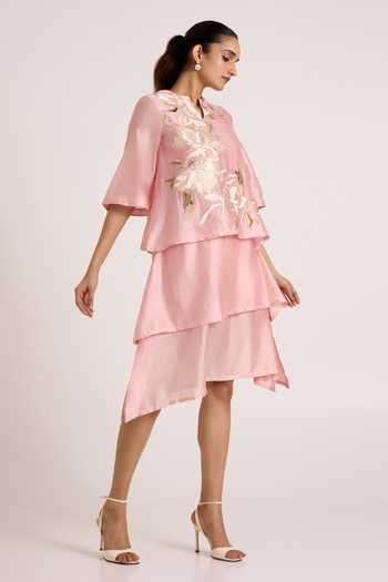 Shop Madder Much Pink Chanderi Silk Split V-neck Terraced Short Dress Online at Aza Fashions Shop_Madder Much_Pink Chanderi Silk Split V-neck Terraced Short Dress _Online_at_Aza_Fashions