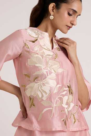 Madder Much Pink Chanderi Silk Split V-neck Terraced Short Dress at Aza Fashions Madder Much_Pink Chanderi Silk Split V-neck Terraced Short Dress _at_Aza_Fashions