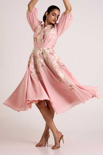 Madder Much Pink Silk, Chanderi V-neck Ice Saira Circular Midi Dress Online at Aza Fashions Madder Much_Pink Silk, Chanderi V-neck Ice Saira Circular Midi Dress _Online_at_Aza_Fashions