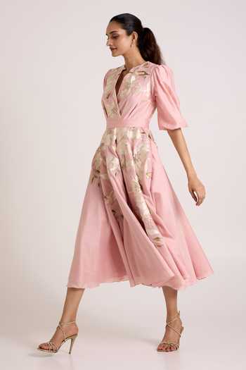 Buy Madder Much Pink Silk, Chanderi V-neck Ice Saira Circular Midi Dress Online at Aza Fashions Buy_Madder Much_Pink Silk, Chanderi V-neck Ice Saira Circular Midi Dress _Online_at_Aza_Fashions