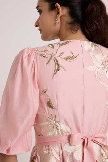 Madder Much Pink Silk, Chanderi V-neck Ice Saira Circular Midi Dress at Aza Fashions Madder Much_Pink Silk, Chanderi V-neck Ice Saira Circular Midi Dress _at_Aza_Fashions