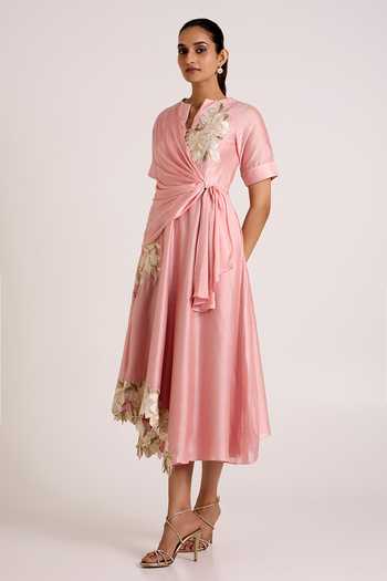 Madder Much Pink Chanderi Silk Split V-neck Raizin Crossover Scarf Midi Dress Online at Aza Fashions Madder Much_Pink Chanderi Silk Split V-neck Raizin Crossover Scarf Midi Dress _Online_at_Aza_Fashions