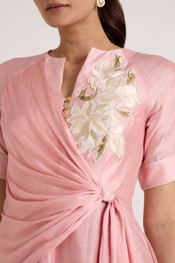 Buy Madder Much Pink Chanderi Silk Split V-neck Raizin Crossover Scarf Midi Dress Online at Aza Fashions Buy_Madder Much_Pink Chanderi Silk Split V-neck Raizin Crossover Scarf Midi Dress _Online_at_Aza_Fashions