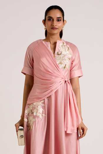 Madder Much Pink Chanderi Silk Split V-neck Raizin Crossover Scarf Midi Dress at Aza Fashions Madder Much_Pink Chanderi Silk Split V-neck Raizin Crossover Scarf Midi Dress _at_Aza_Fashions