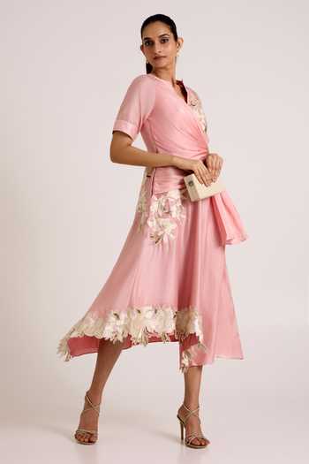 Buy Madder Much Pink Chanderi Silk Split V-neck Raizin Crossover Scarf Midi Dress Buy_Madder Much_Pink Chanderi Silk Split V-neck Raizin Crossover Scarf Midi Dress