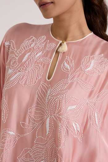 Shop Madder Much Pink Satin Keyhole Neck Ice Myna Jolly Good Top And Pant Set Online at Aza Fashions Shop_Madder Much_Pink Satin Keyhole Neck Ice Myna Jolly Good Top And Pant Set _Online_at_Aza_Fashions
