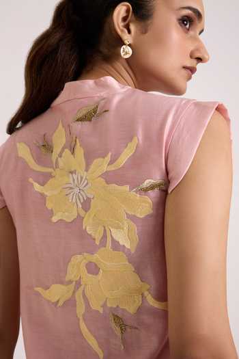 Madder Much Pink Chanderi Silk High Neck Helga Tab Sleeve Day Dress Online at Aza Fashions Madder Much_Pink Chanderi Silk High Neck Helga Tab Sleeve Day Dress _Online_at_Aza_Fashions