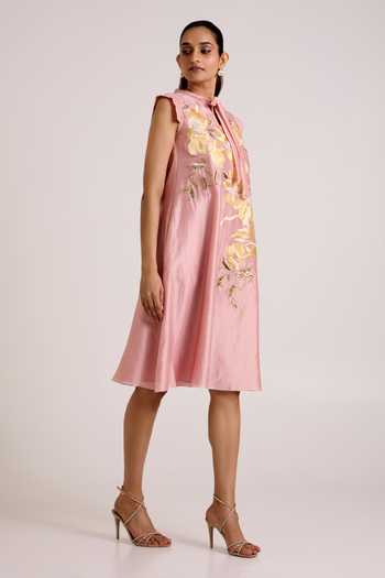 Buy Madder Much Pink Chanderi Silk High Neck Helga Tab Sleeve Day Dress Online at Aza Fashions Buy_Madder Much_Pink Chanderi Silk High Neck Helga Tab Sleeve Day Dress _Online_at_Aza_Fashions