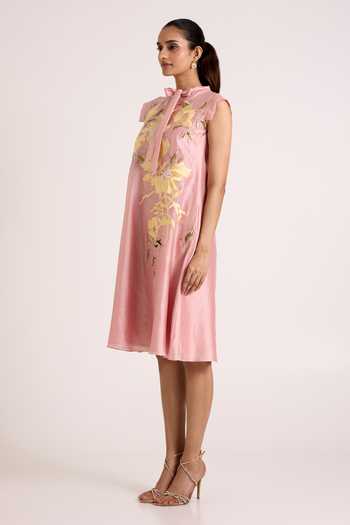 Shop Madder Much Pink Chanderi Silk High Neck Helga Tab Sleeve Day Dress Online at Aza Fashions Shop_Madder Much_Pink Chanderi Silk High Neck Helga Tab Sleeve Day Dress _Online_at_Aza_Fashions