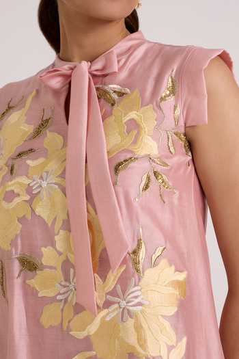 Madder Much Pink Chanderi Silk High Neck Helga Tab Sleeve Day Dress at Aza Fashions Madder Much_Pink Chanderi Silk High Neck Helga Tab Sleeve Day Dress _at_Aza_Fashions