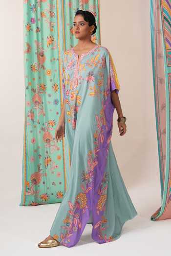 Swati Vijaivargie_Green Silk Round Neck Sage And Purple Butterfly Kaftan _Online_at_Aza_Fashions