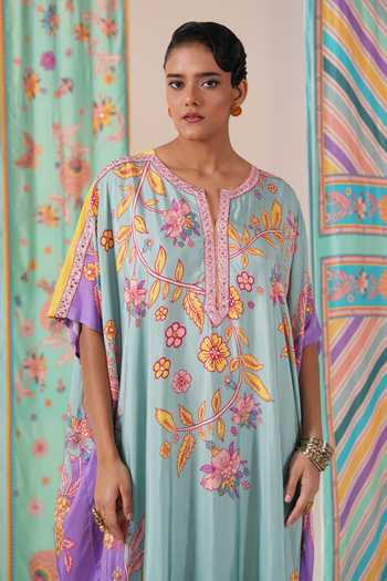 Buy_Swati Vijaivargie_Green Silk Round Neck Sage And Purple Butterfly Kaftan _Online_at_Aza_Fashions