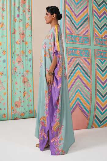Shop_Swati Vijaivargie_Green Silk Round Neck Sage And Purple Butterfly Kaftan _Online_at_Aza_Fashions