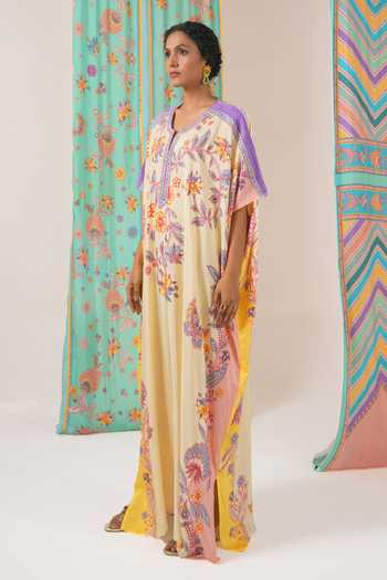 Swati Vijaivargie Yellow Silk Ivory And Butterfly Kaftan Online at Aza Fashions Swati Vijaivargie_Yellow Silk Ivory And Butterfly Kaftan _Online_at_Aza_Fashions