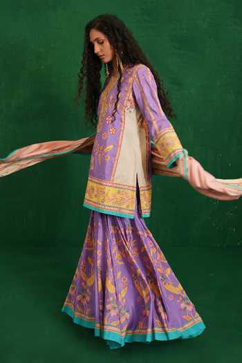 Shop_Swati Vijaivargie_Purple Silk Round Neck And Ivory Butterfly Sharara Set _Online_at_Aza_Fashions