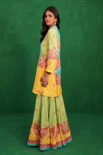 Swati Vijaivargie_Yellow Silk V-neck And Turquoise Butterfly Sharara Set _Online_at_Aza_Fashions