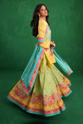 Buy_Swati Vijaivargie_Yellow Silk V-neck And Turquoise Butterfly Sharara Set _Online_at_Aza_Fashions