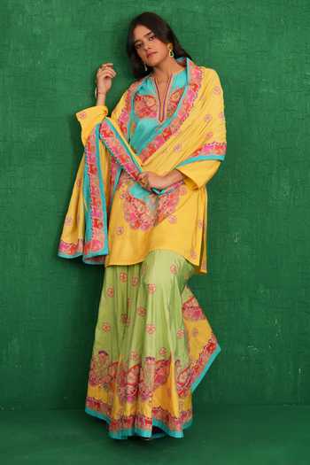 Shop_Swati Vijaivargie_Yellow Silk V-neck And Turquoise Butterfly Sharara Set _Online_at_Aza_Fashions