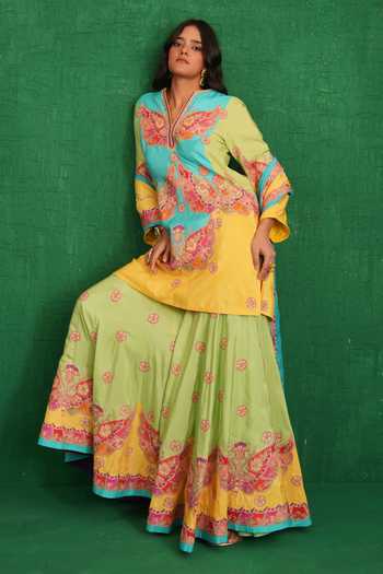 Swati Vijaivargie_Yellow Silk V-neck And Turquoise Butterfly Sharara Set _at_Aza_Fashions