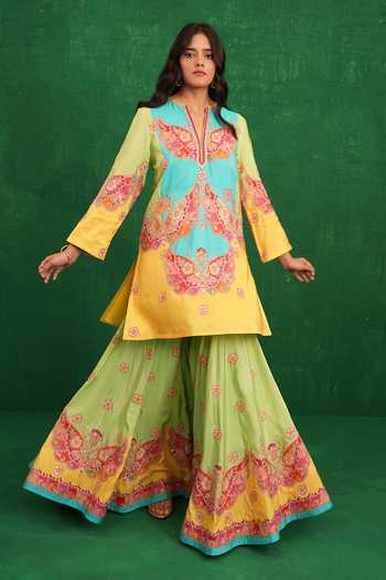 Buy_Swati Vijaivargie_Yellow Silk V-neck And Turquoise Butterfly Sharara Set 