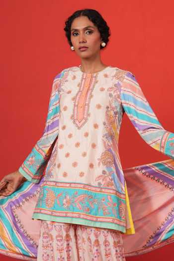 Swati Vijaivargie Multi Color Silk Round Neck, Yes Ivory Chevron Butterfly Sharara Set Online at Aza Fashions Swati Vijaivargie_Multi Color Silk Round Neck, Yes Ivory Chevron Butterfly Sharara Set _Online_at_Aza_Fashions