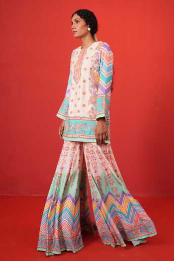 Buy Swati Vijaivargie Multi Color Silk Round Neck, Yes Ivory Chevron Butterfly Sharara Set Online at Aza Fashions Buy_Swati Vijaivargie_Multi Color Silk Round Neck, Yes Ivory Chevron Butterfly Sharara Set _Online_at_Aza_Fashions