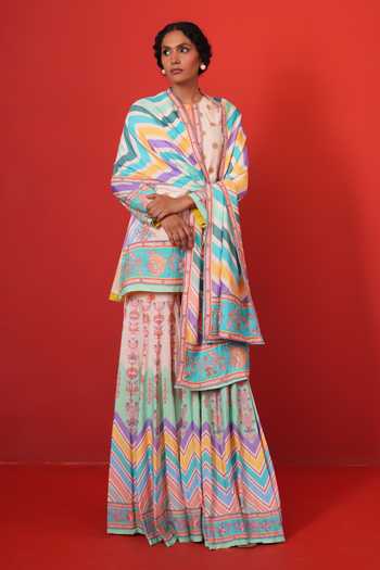 Shop Swati Vijaivargie Multi Color Silk Round Neck, Yes Ivory Chevron Butterfly Sharara Set Online at Aza Fashions Shop_Swati Vijaivargie_Multi Color Silk Round Neck, Yes Ivory Chevron Butterfly Sharara Set _Online_at_Aza_Fashions